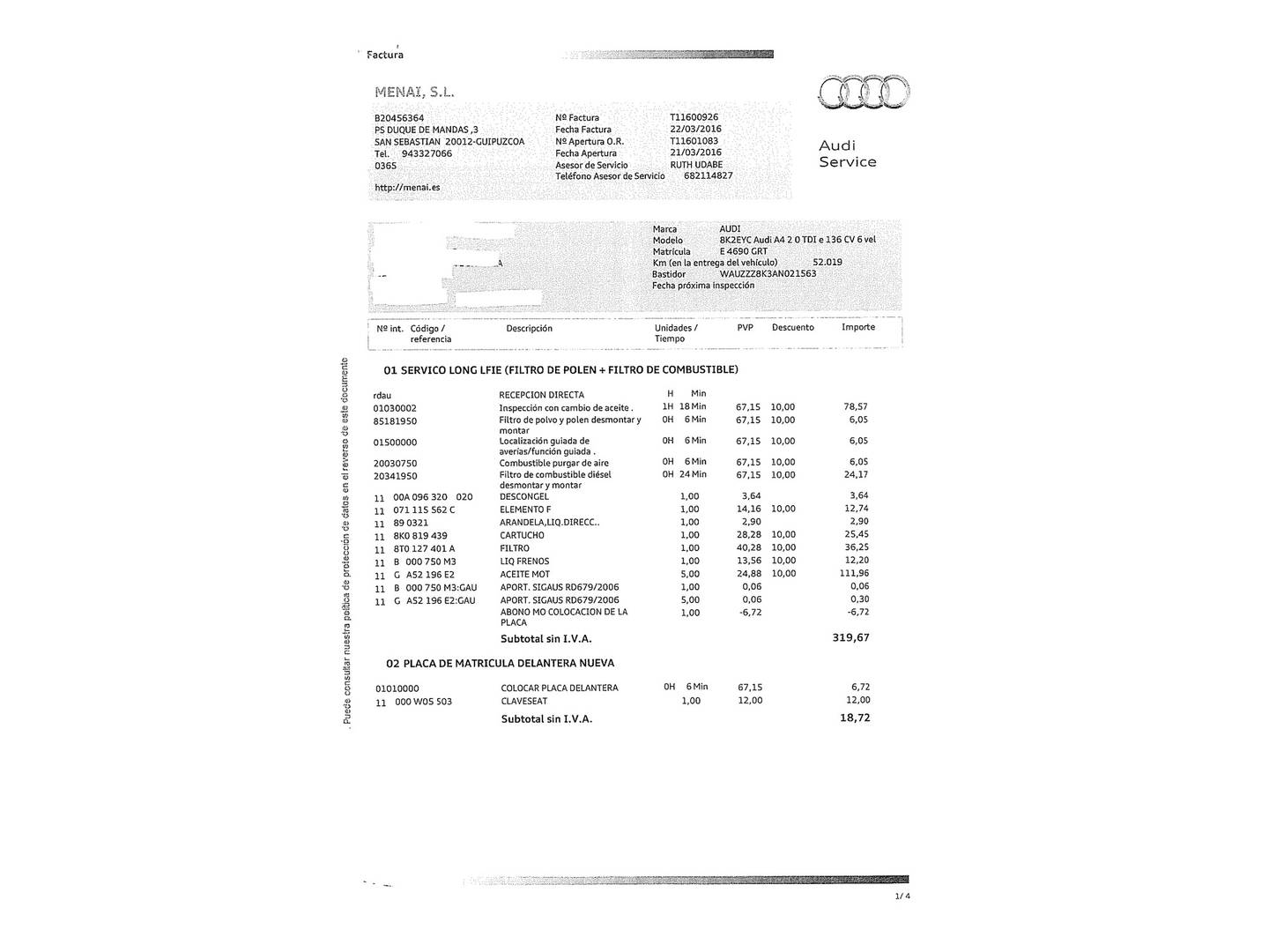 Foto del mantenimiento del Audi A4 Audi A4 2.0 TDI e DPF (136 CV)