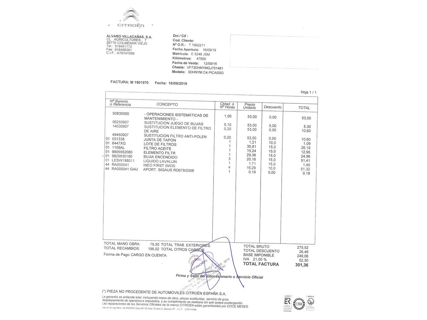 Foto del mantenimiento del Citroën C4 Picasso Citroën C4 Picasso PureTech 130 S&S Feel (130 CV)