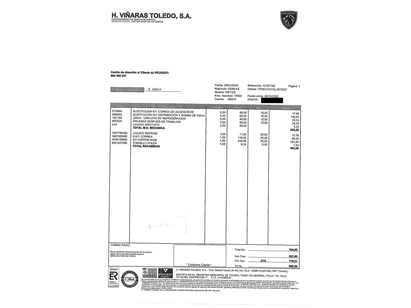 Foto del mantenimiento del Peugeot Rifter Peugeot Rifter BlueHDi 100 S&S Allure Standard (100 CV)