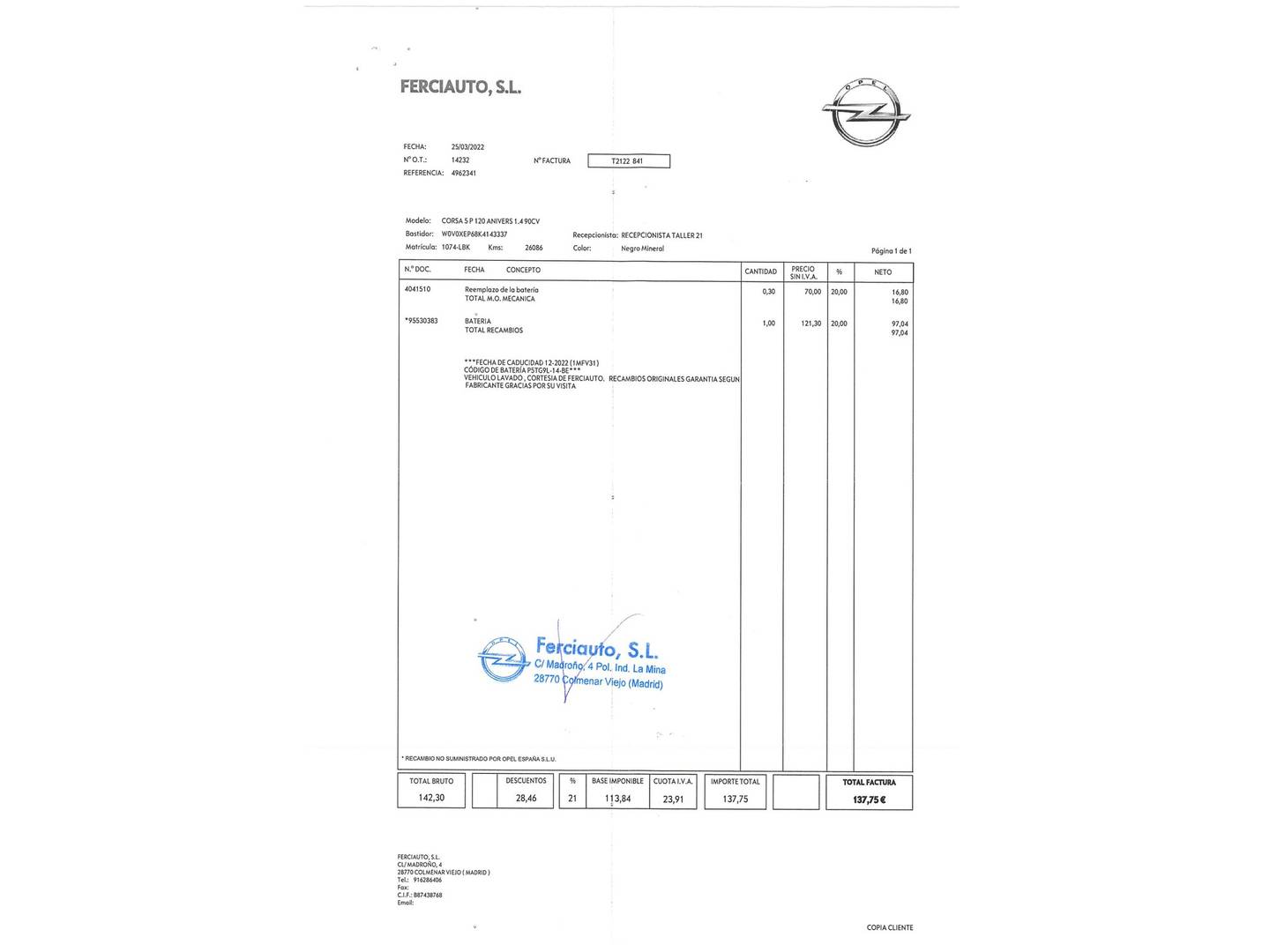 Foto del mantenimiento del Opel Corsa Opel Corsa 1.4 120 Aniversario (90 CV)