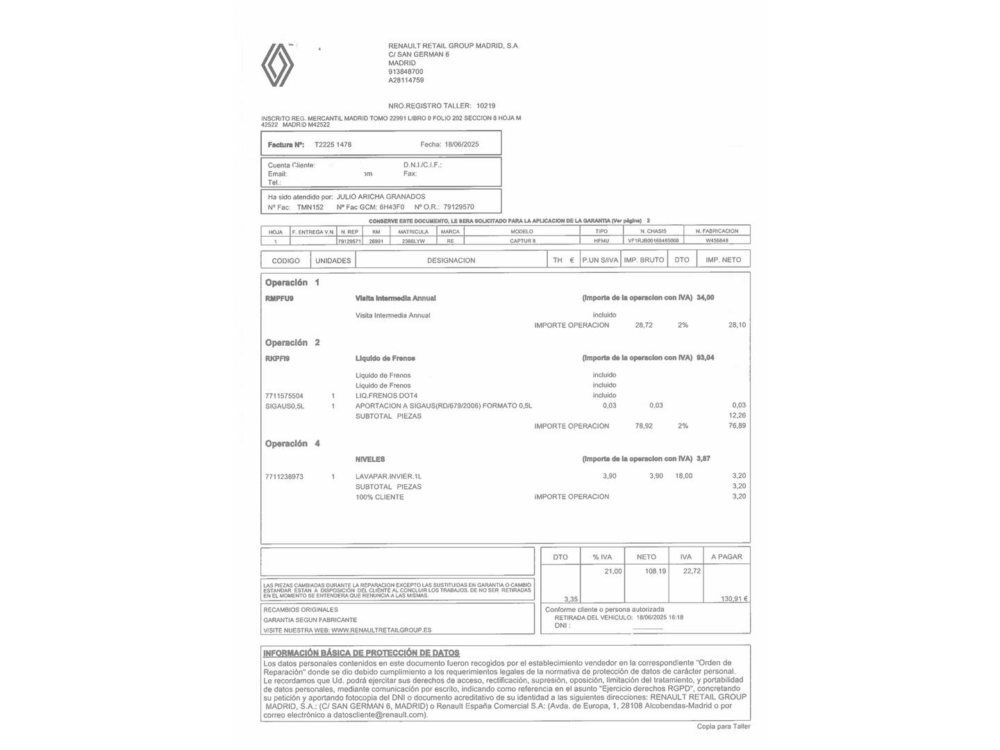 Foto del mantenimiento del Renault Captur Renault Captur Zen E-TECH Híbrido (145 CV)