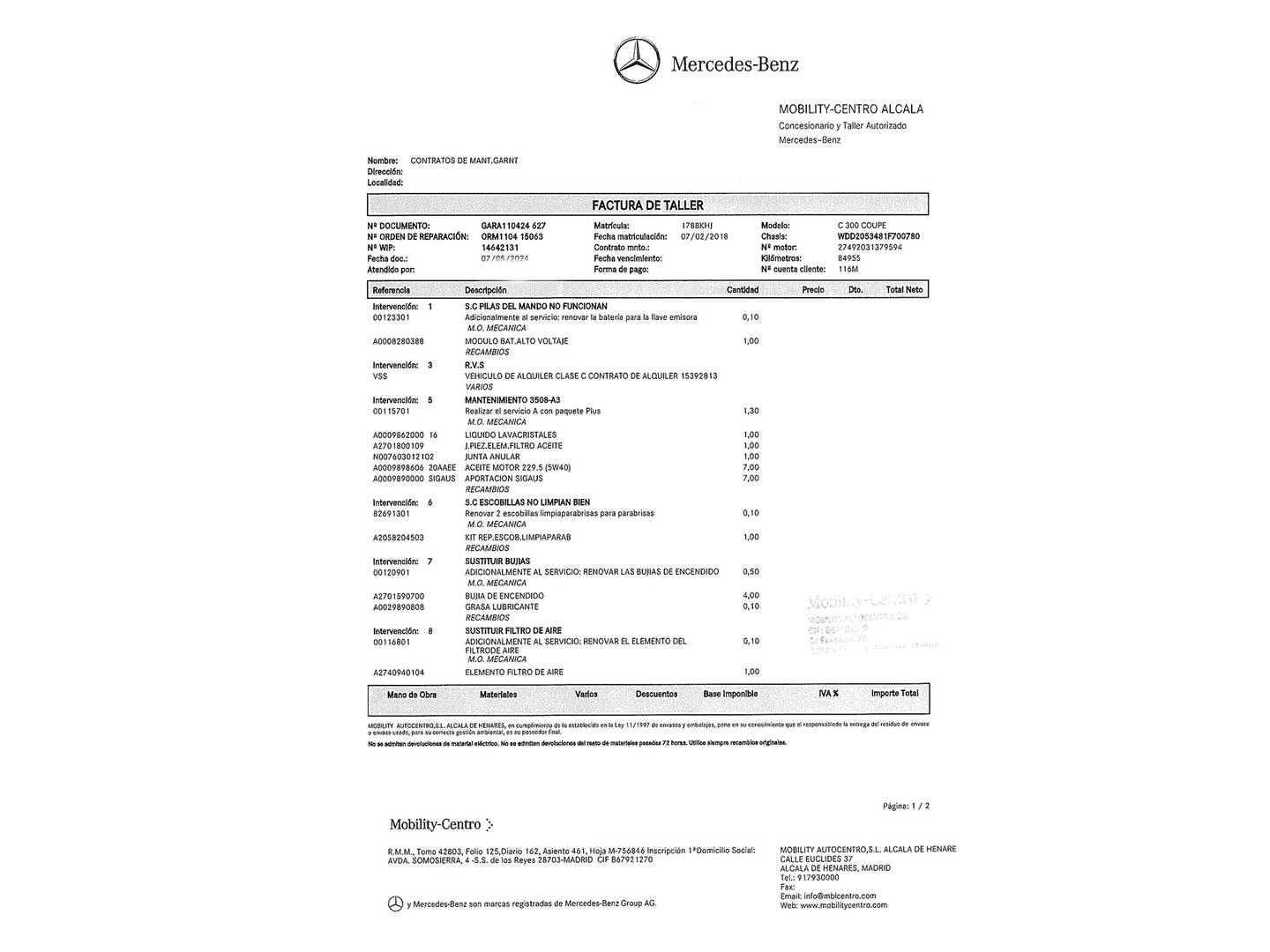 Foto del mantenimiento del Mercedes Clase C Mercedes Clase C Coupe 300 (245 CV) Pack AMG