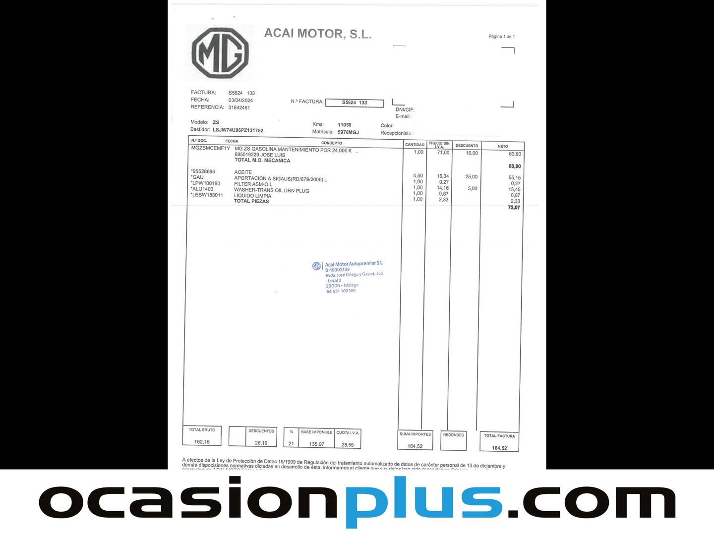 Foto del mantenimiento del MG ZS MG ZS 1.5 Luxury (106 CV)