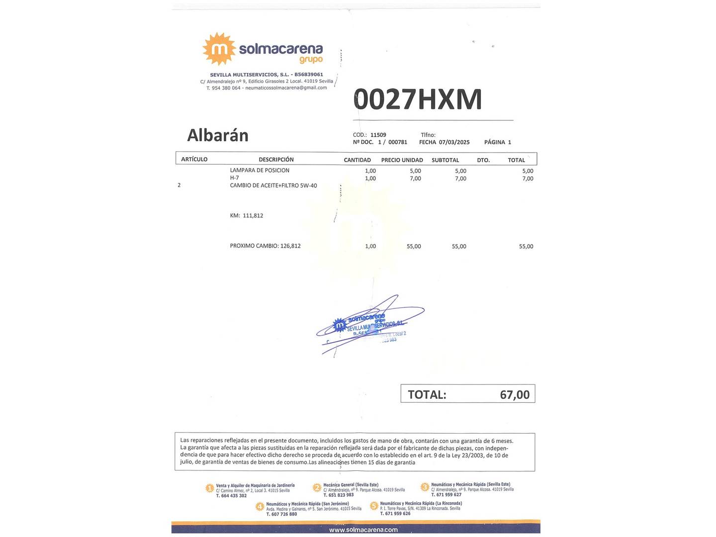 Foto del mantenimiento del Fiat Punto Fiat Punto 1.2 8v Easy (67 CV)