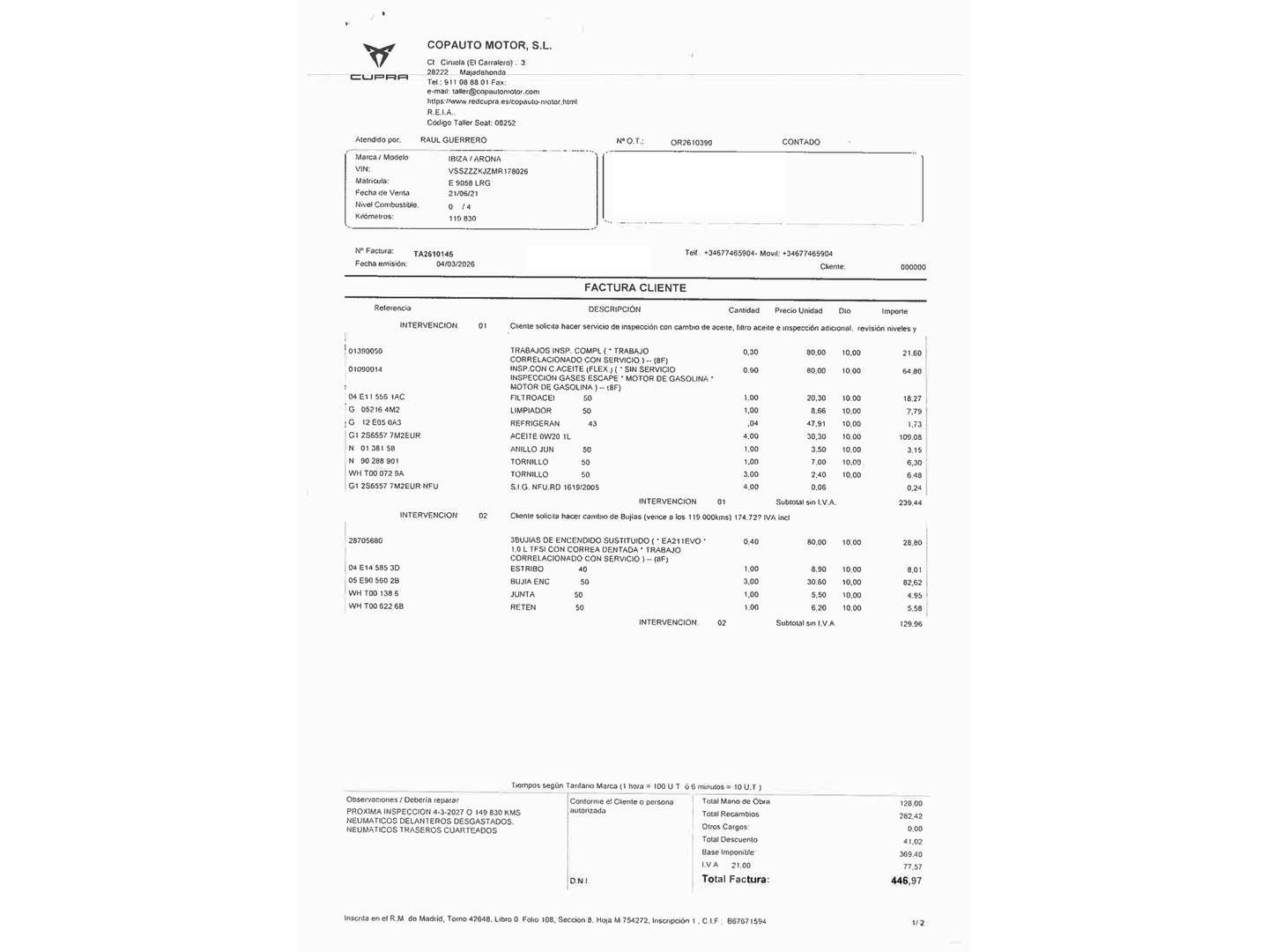 Foto del mantenimiento del Seat Arona Seat Arona 1.0 TSI Style Go2 (110 CV)