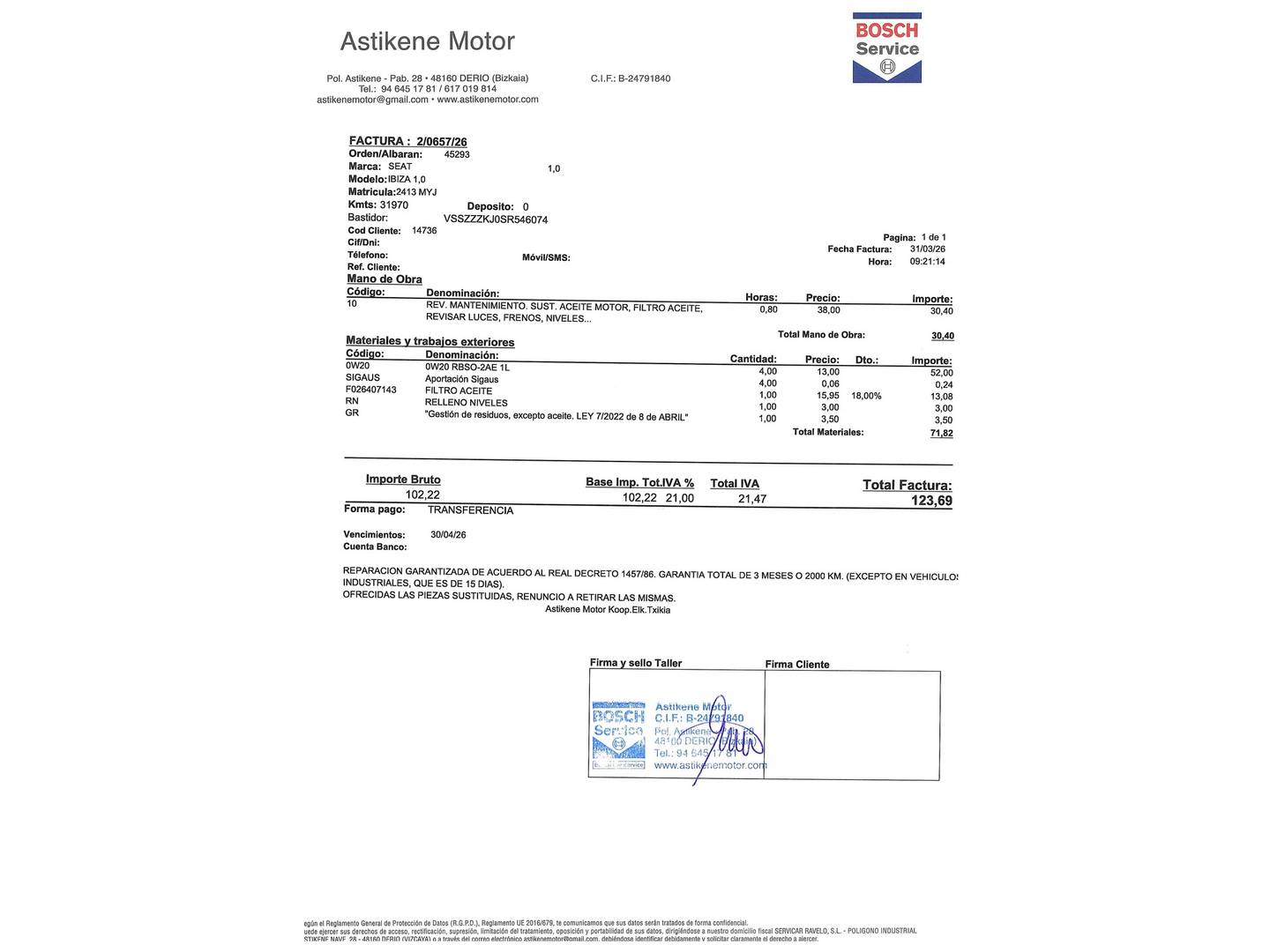Foto del mantenimiento del Seat Ibiza Seat Ibiza 1.0 TSI S&S Special Edition Xcellence (115 CV)