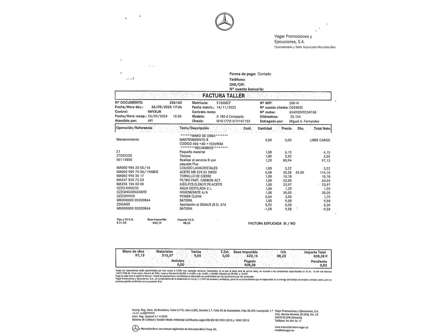Foto del mantenimiento del Mercedes Clase A Mercedes Clase A 180 d (116 CV) Pack AMG