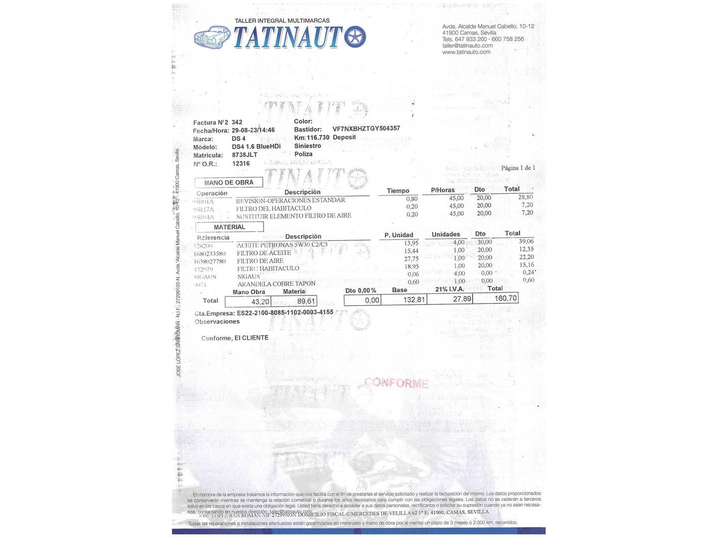 Foto del mantenimiento del DS DS 4 Crossback DS DS 4 Crossback 1.6 BlueHDi S&S Style EAT6 (120 CV)