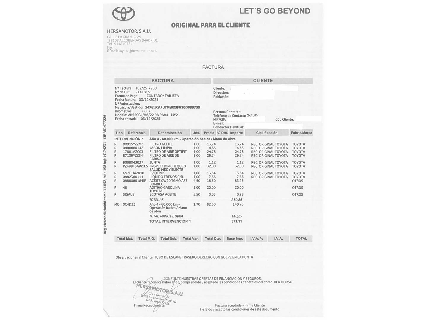 Foto del mantenimiento del Toyota Rav4 Toyota Rav4 2.5l hybrid Advance (218 CV)