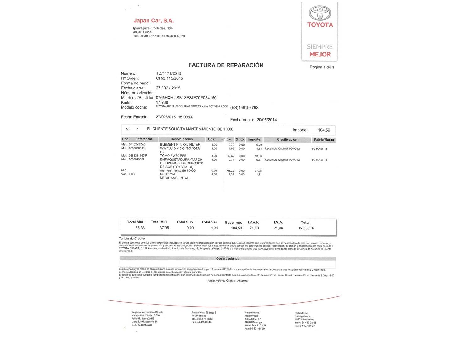Foto del mantenimiento del Toyota Auris Toyota Auris 130 Touring Sports Active (132 CV)