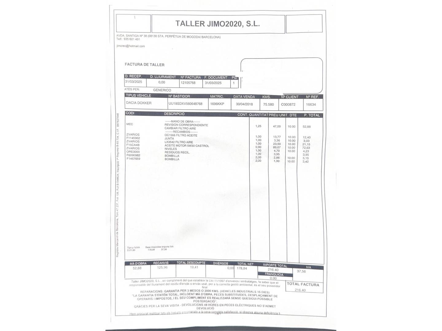 Foto del certificado del Dacia Dokker Dacia Dokker Van 1.6 GLP Ambiance (98 CV)