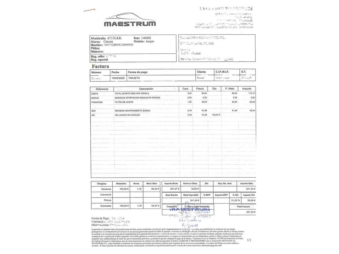 Foto del mantenimiento del Citroën Jumper Citroën Jumper Furgon BlueHDi 140 35 L3H2 (140 CV)