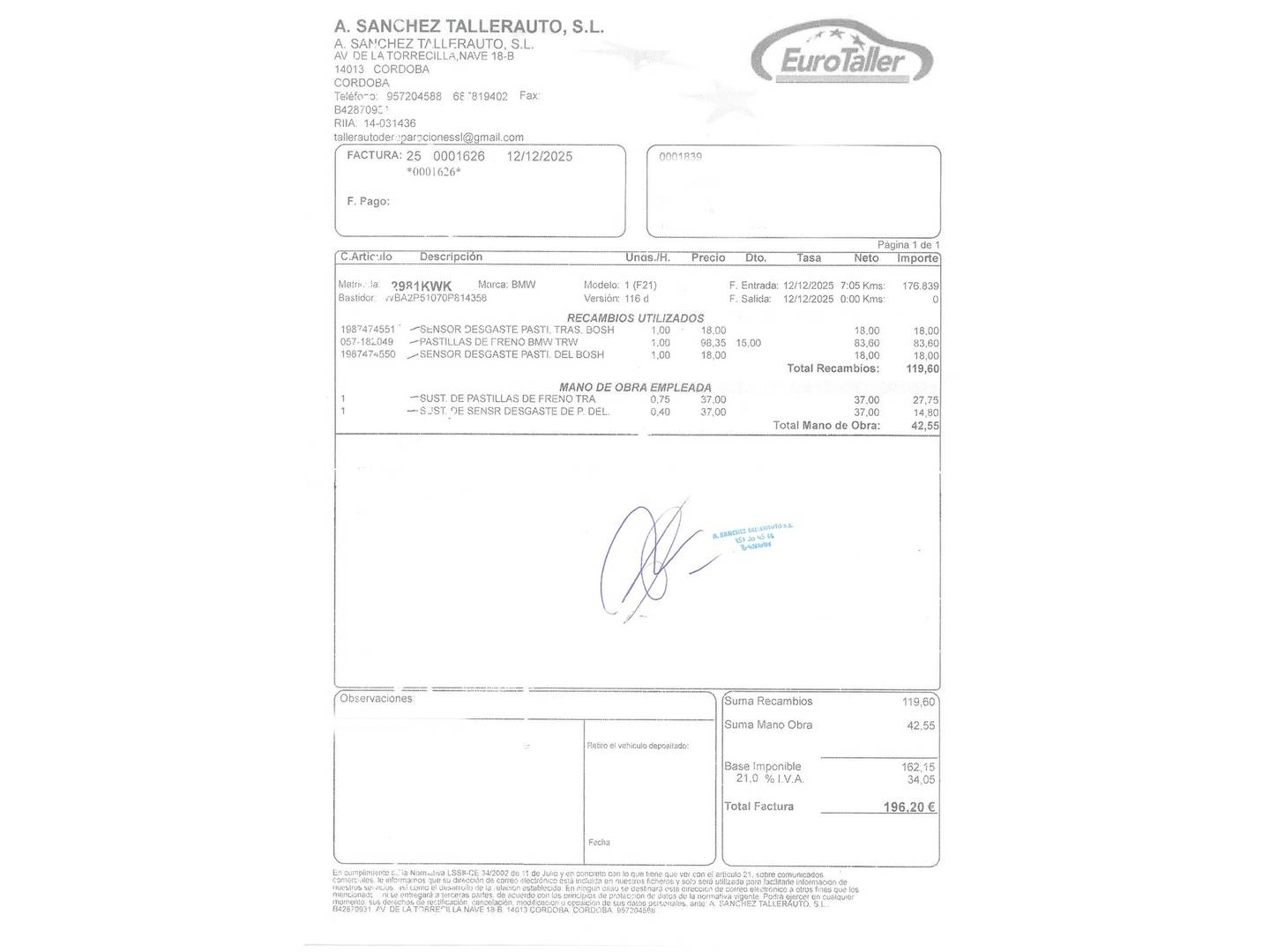 Foto del mantenimiento del BMW Serie 1 BMW Serie 1 116d Efficient Dynamics (116 CV)