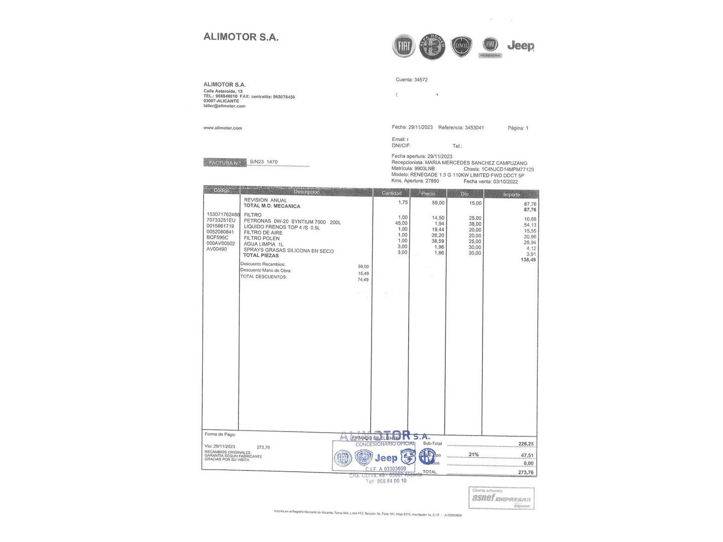 Foto del mantenimiento del Jeep Renegade Jeep Renegade 1.3G Limited 4x2 DCT (150 CV)
