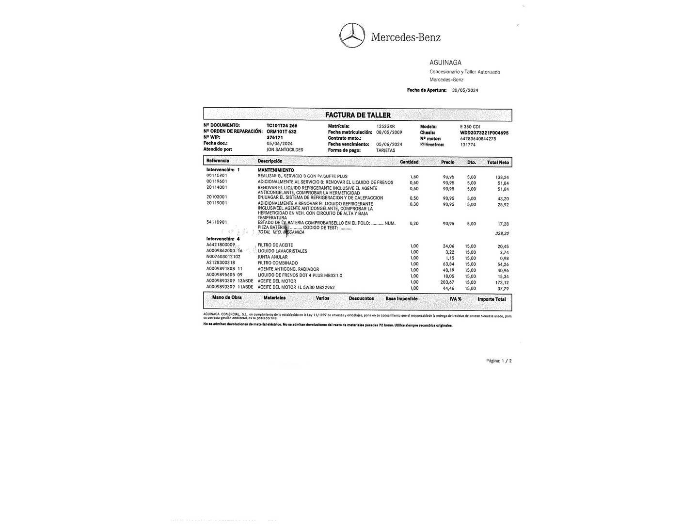 Foto del mantenimiento del Mercedes Clase E Mercedes Clase E E 350 CDI Coupe Blue Efficiency Avantgarde (231 CV)