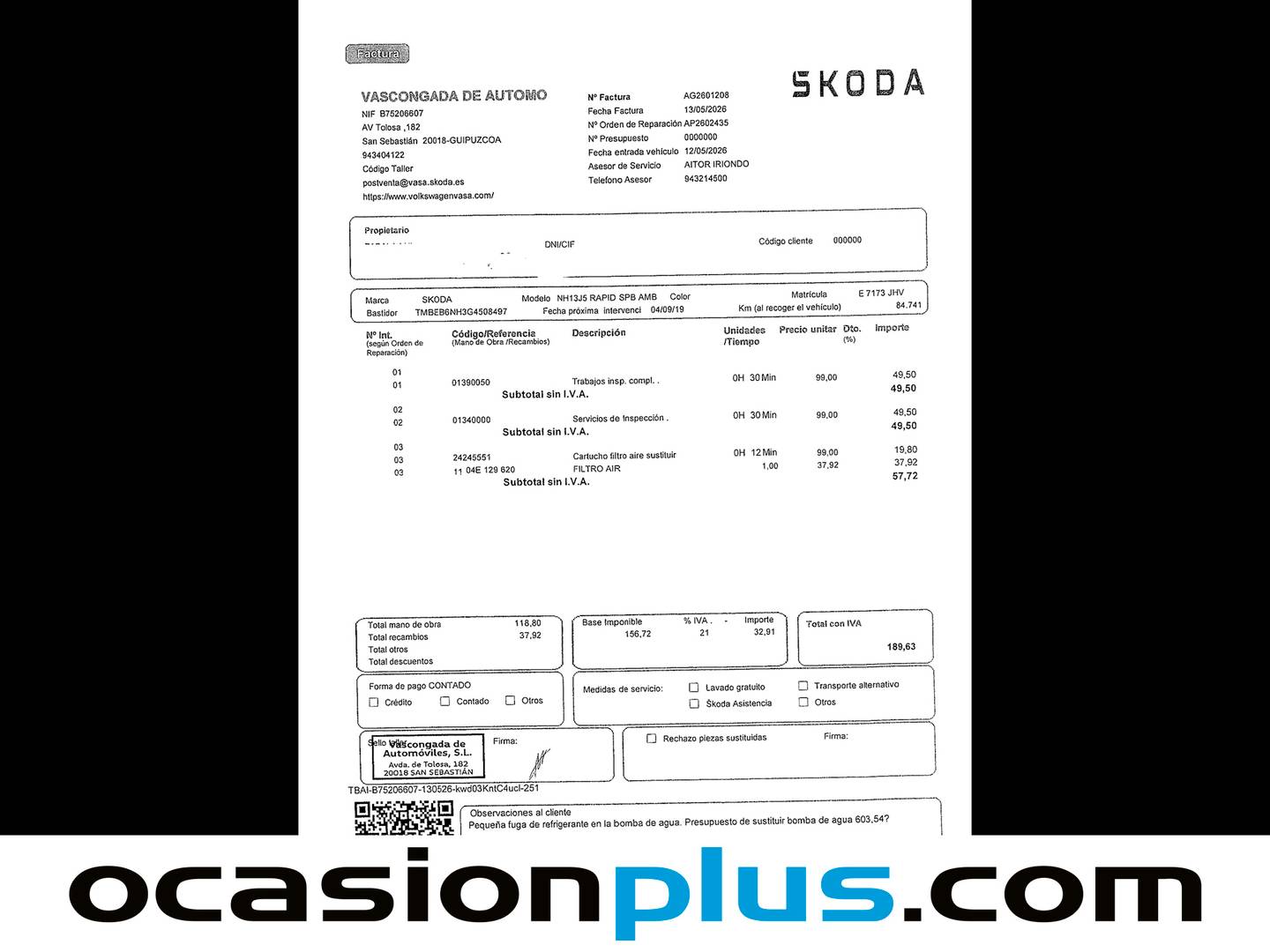 Foto del mantenimiento del Skoda Spaceback Skoda Spaceback 1.2 TSI Ambition (110 CV)