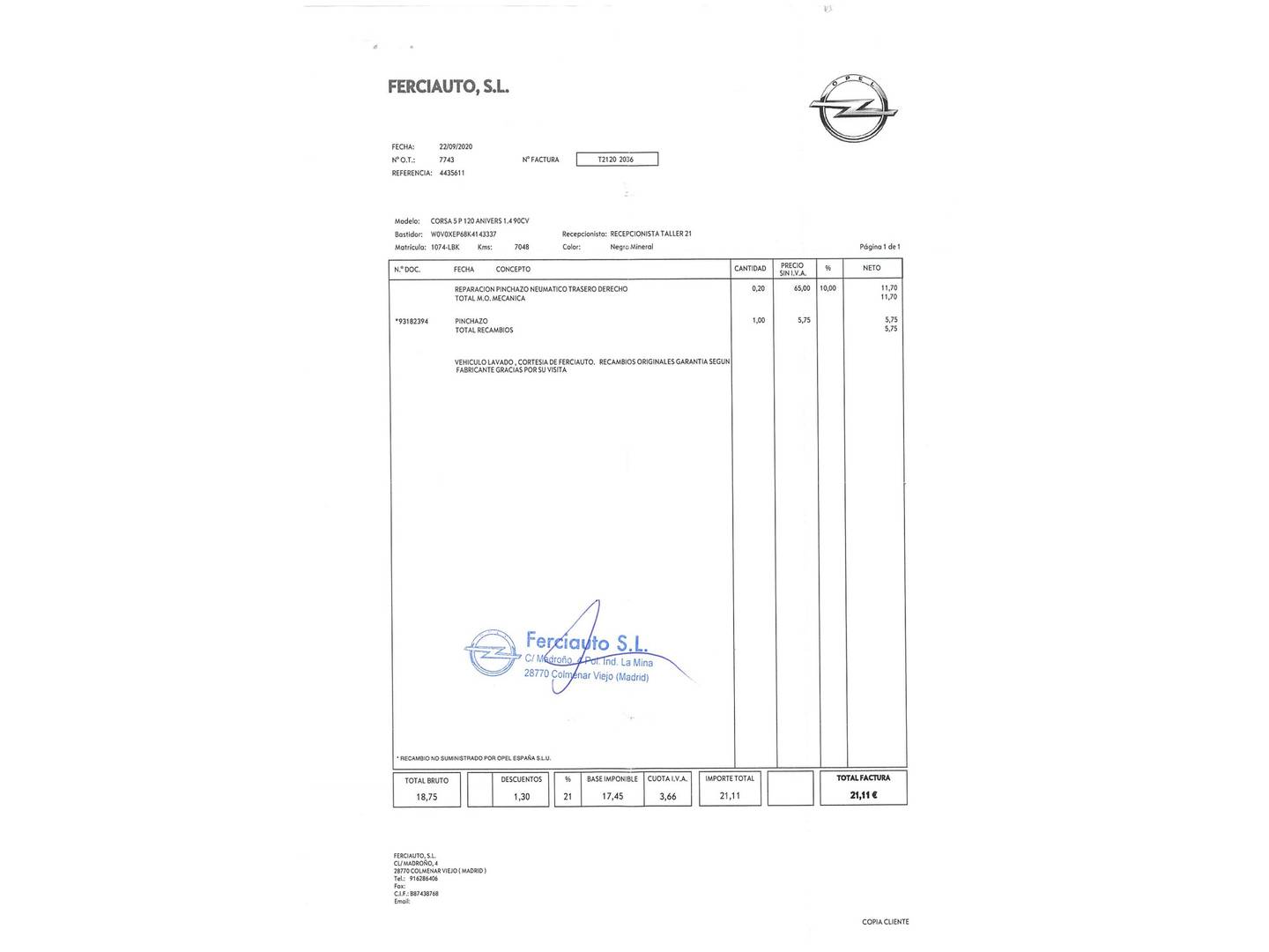 Foto del mantenimiento del Opel Corsa Opel Corsa 1.4 120 Aniversario (90 CV)