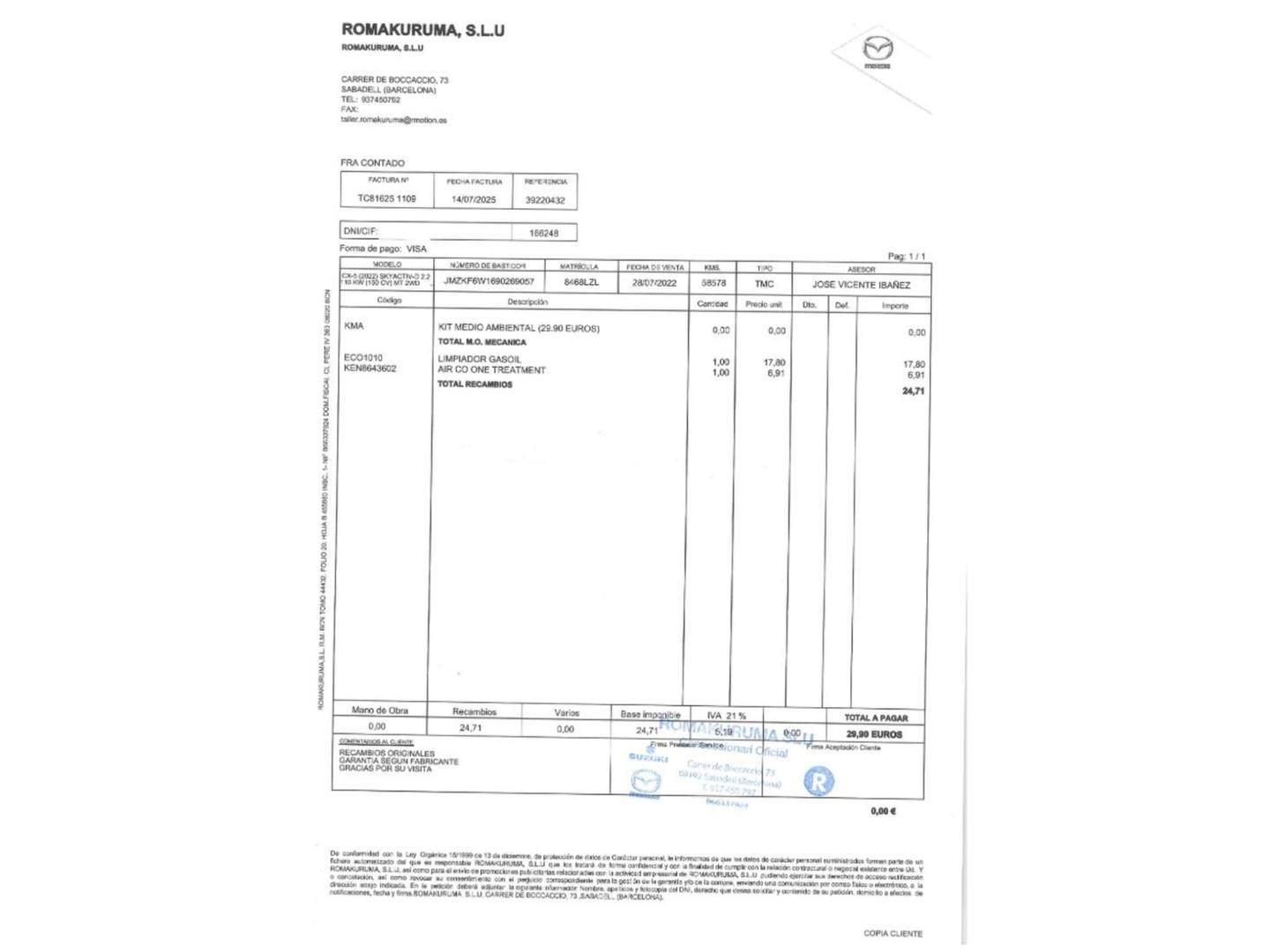 Foto del mantenimiento del Mazda CX-5 Mazda CX-5 2.2 DE Origin 2WD (150 CV)