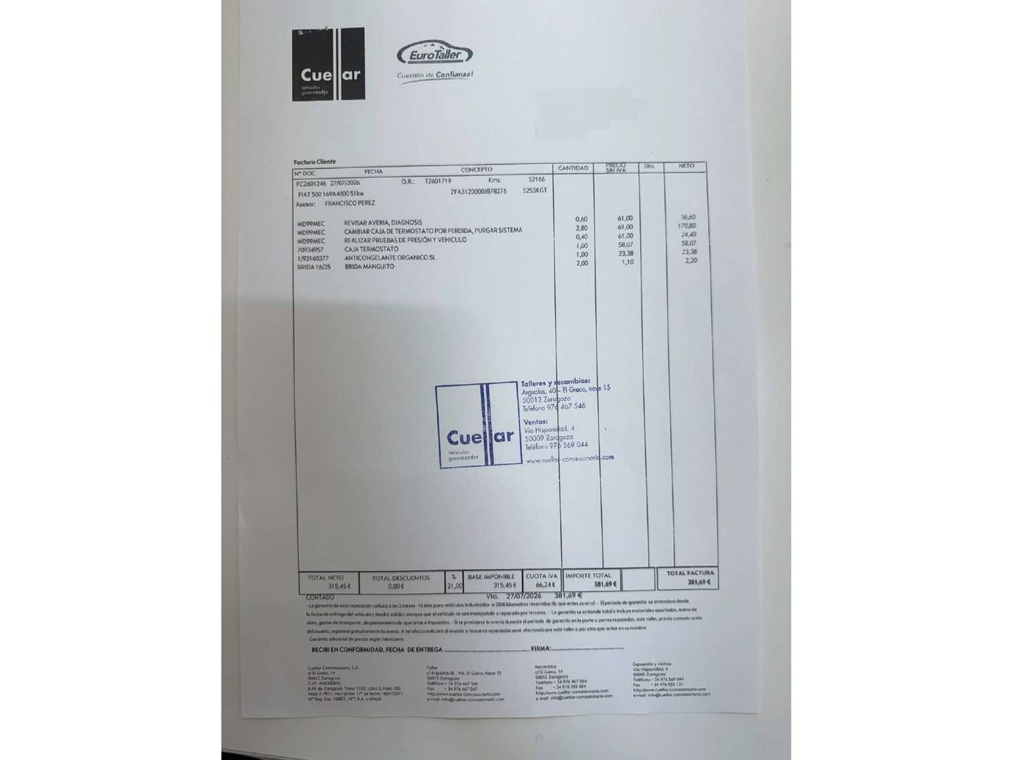 Foto del mantenimiento del Fiat 500 Fiat 500 1.2 8v Lounge (69 CV)