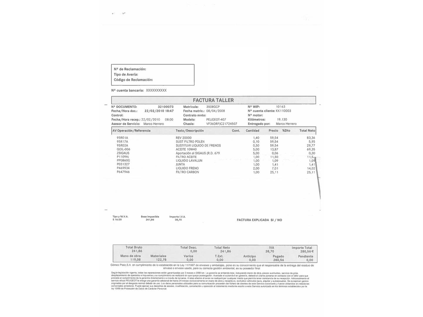 Foto del mantenimiento del Peugeot 407 Peugeot 407 2.0 Sport (140 CV)