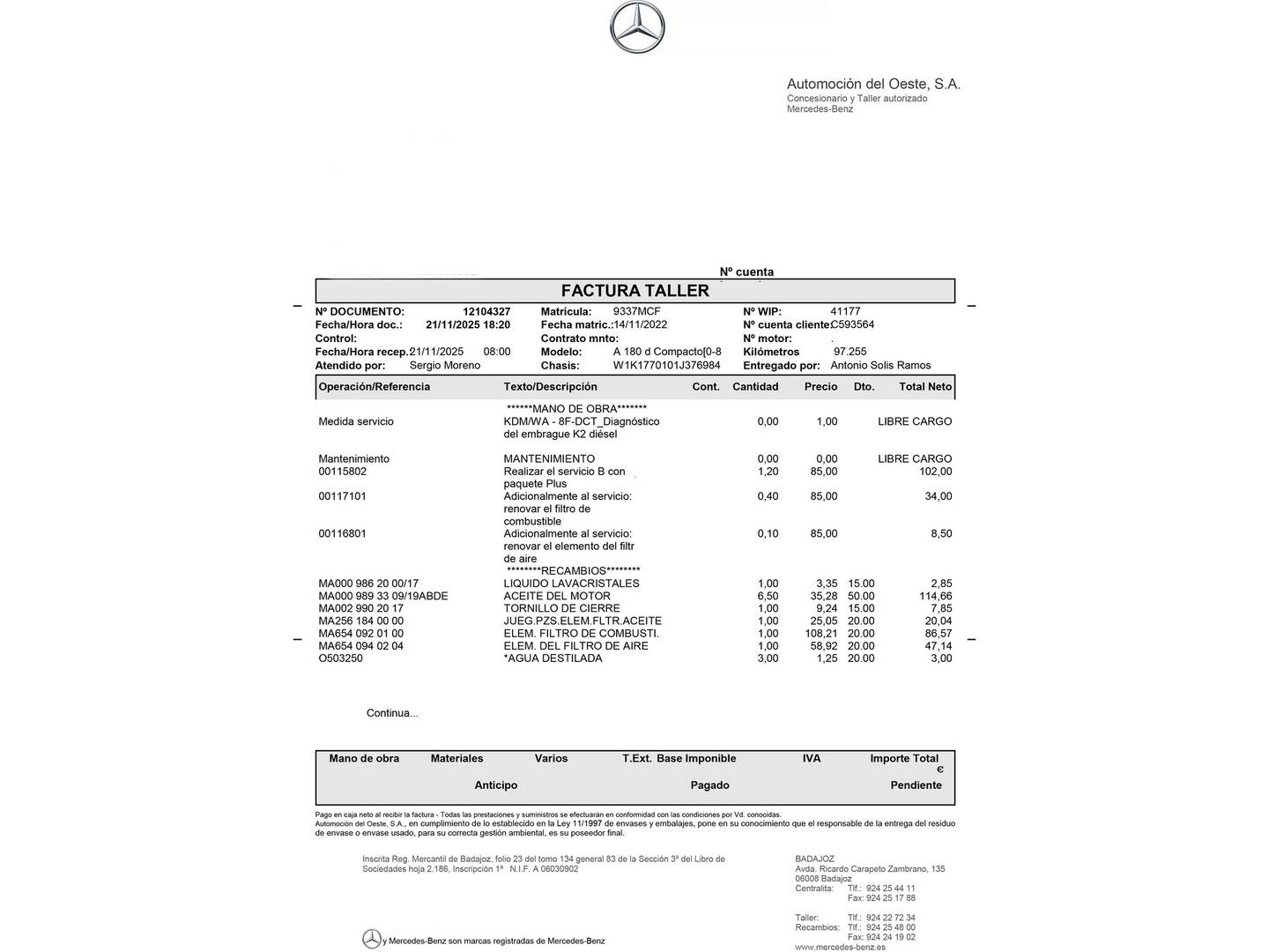 Foto del mantenimiento del Mercedes Clase A Mercedes Clase A 180 d (116 CV) Pack AMG
