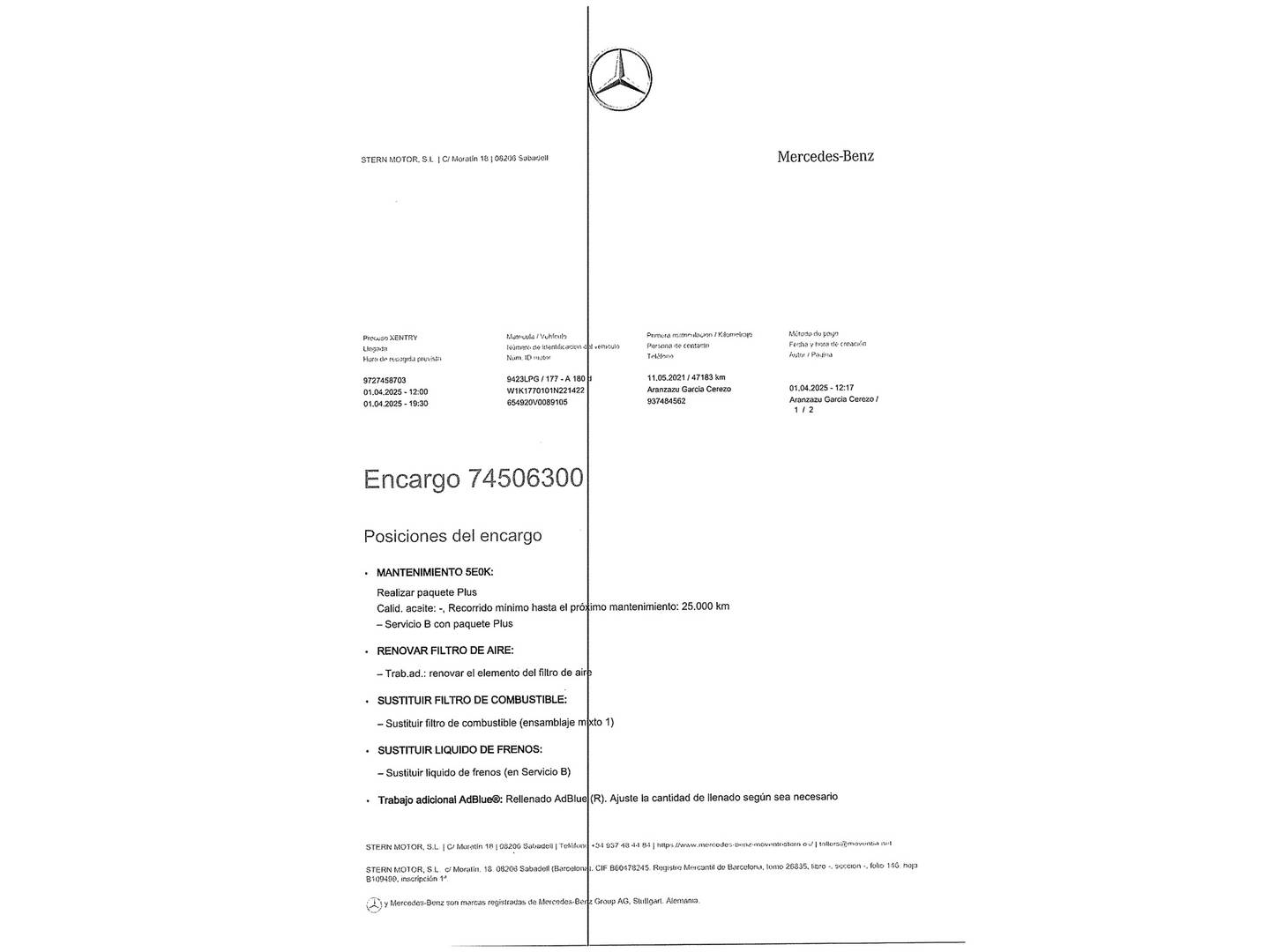 Foto del mantenimiento del Mercedes Clase A Mercedes Clase A 180 d (116 CV) Pack AMG