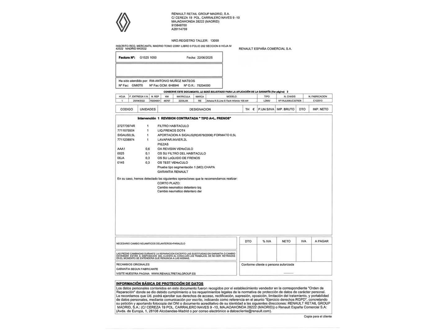 Foto del mantenimiento del Renault Arkana Renault Arkana RS Line E-Tech Híbrido (145 CV)