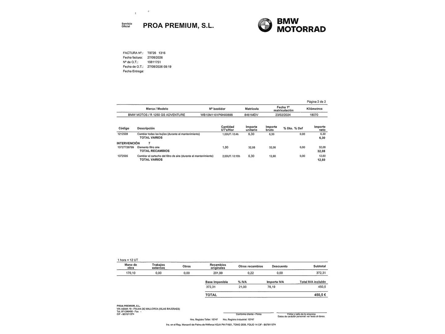 Foto del mantenimiento del BMW Motorrad R 1250 BMW Motorrad R 1250 GS Adventure (136 CV)