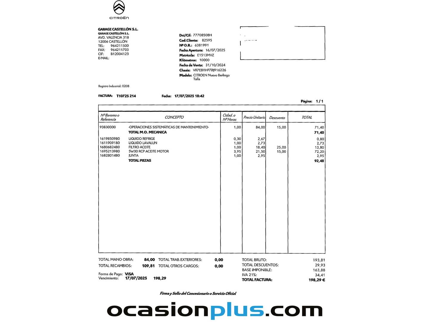 Foto del mantenimiento del Citroën Berlingo Citroen Berlingo BlueHDi 130 S&S Talla M Max (130 CV)