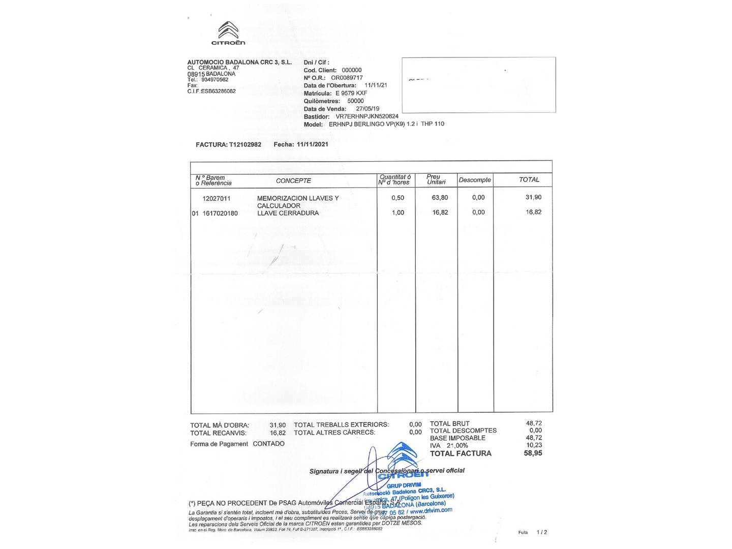 Foto del mantenimiento del Citroën Berlingo Citroën Berlingo Combi PureTech 110 S&S Talla M Feel (110 CV) Semi-camperizada