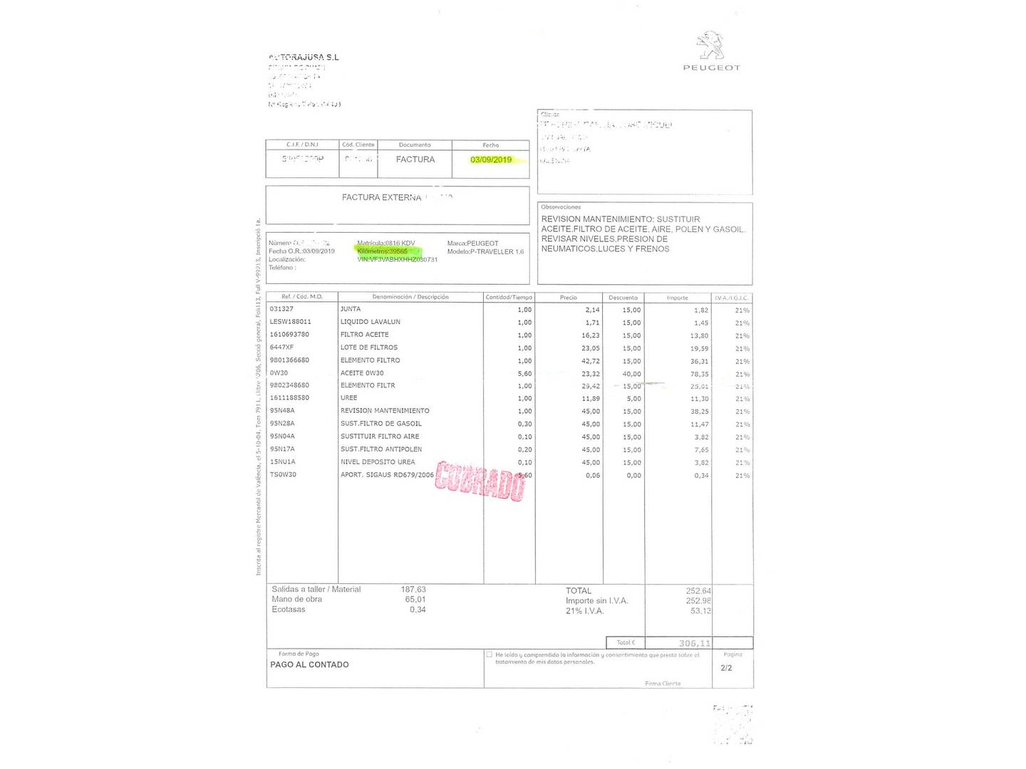 Foto del mantenimiento del Peugeot Traveller Peugeot Traveller 1.6 BlueHDi Business Compact (115 CV)