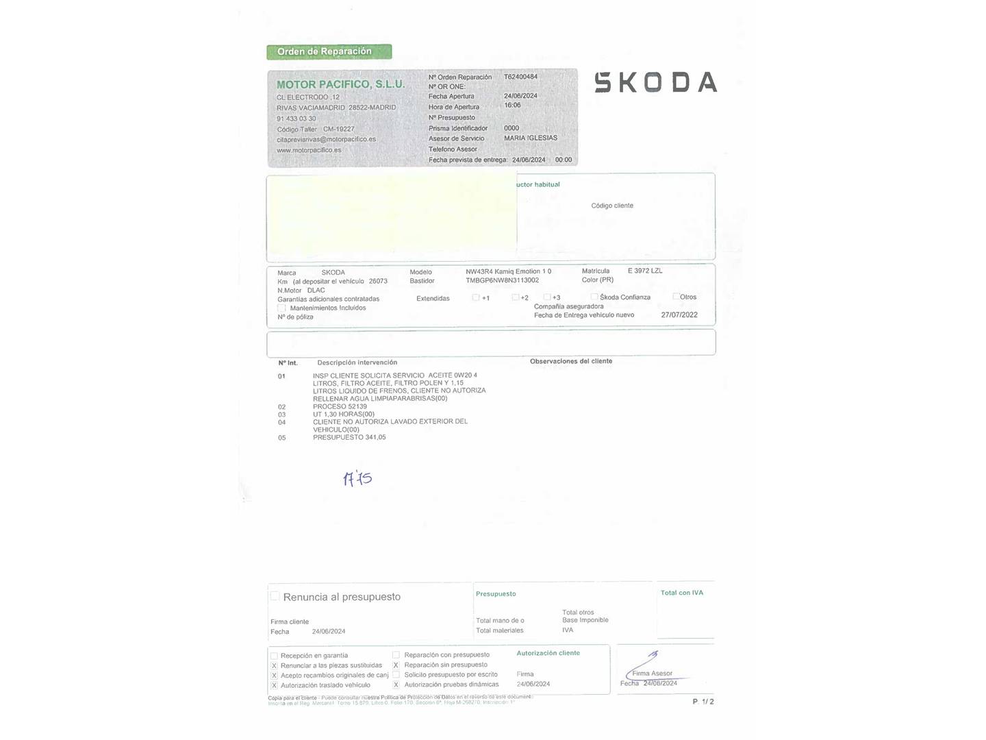 Foto del mantenimiento del Skoda Kamiq Skoda Kamiq 1.0 TSI Ambition (95 CV)