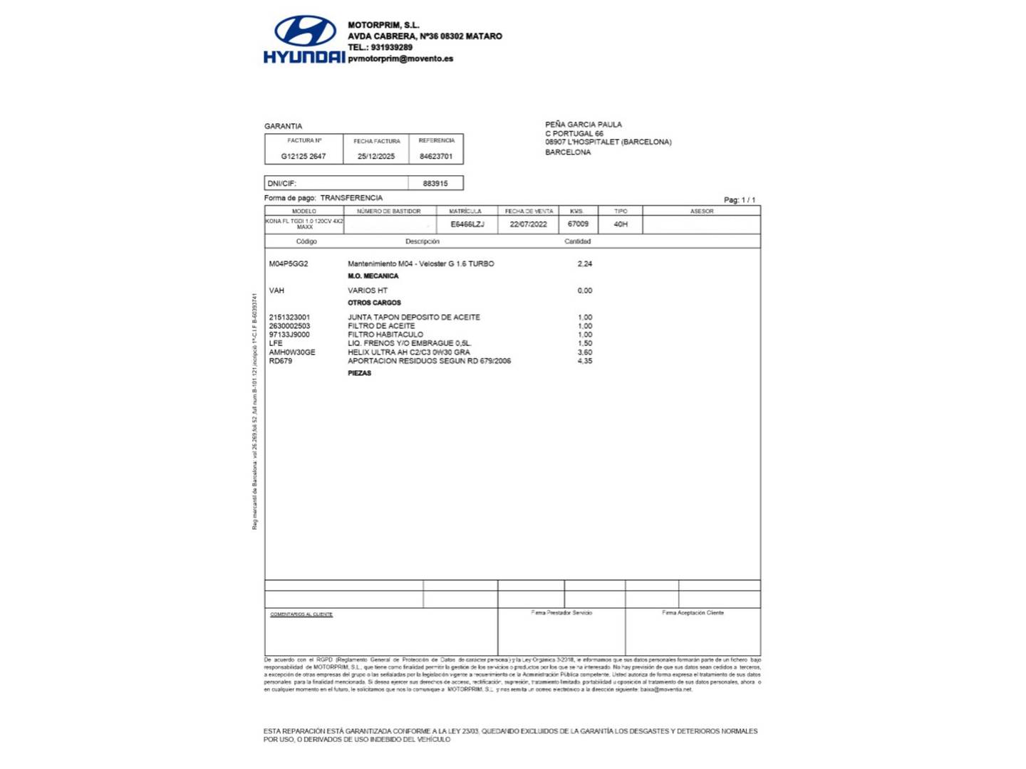 Foto del mantenimiento del Hyundai Kona Hyundai Kona 1.0 TGDi Maxx 4x2 (120 CV)