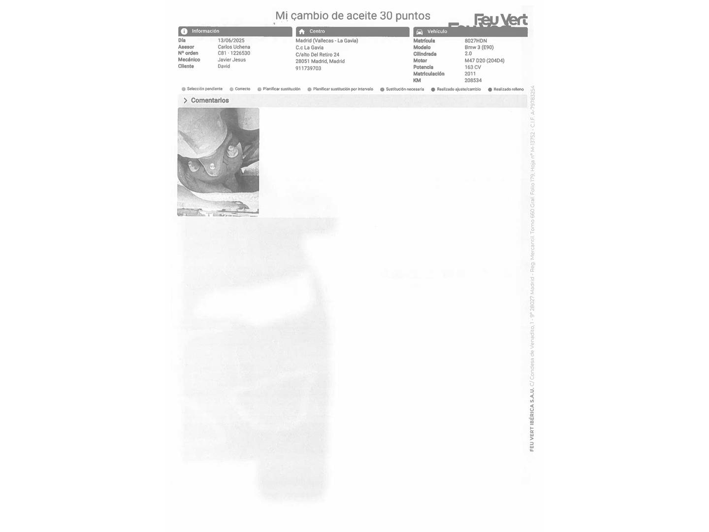 Foto del mantenimiento del BMW Serie 3 BMW Serie 3 320d Efficient Dynamics (163 CV)