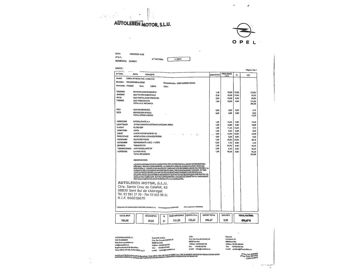 Foto del mantenimiento del Opel Corsa Opel Corsa 1.4 Selective (90 CV)