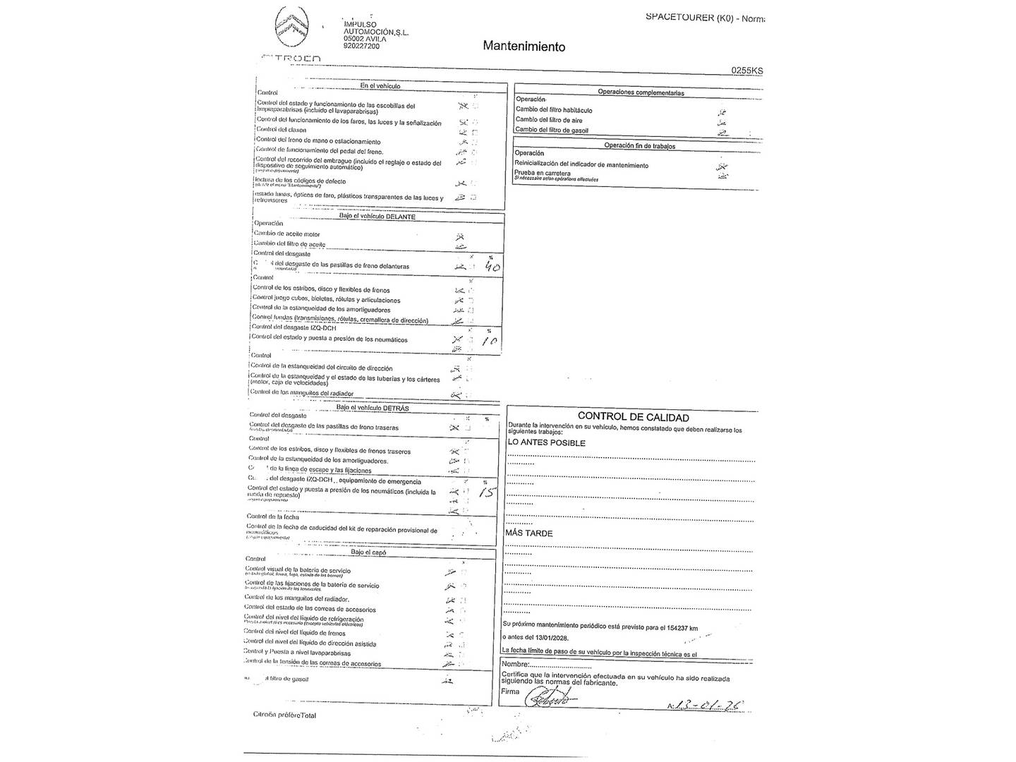 Foto del mantenimiento del Citroën Spacetourer Citroën Spacetourer BlueHDi 150 S&S Feel Talla M (150 CV) 7 Plazas