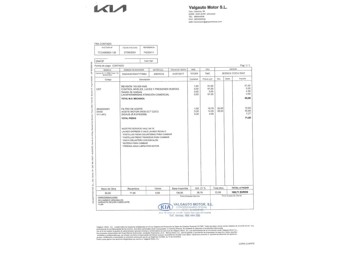 Foto del mantenimiento del KIA Carens KIA Carens 1.7 CRDi VGT Eco-Dynam x-Tech (115 CV)