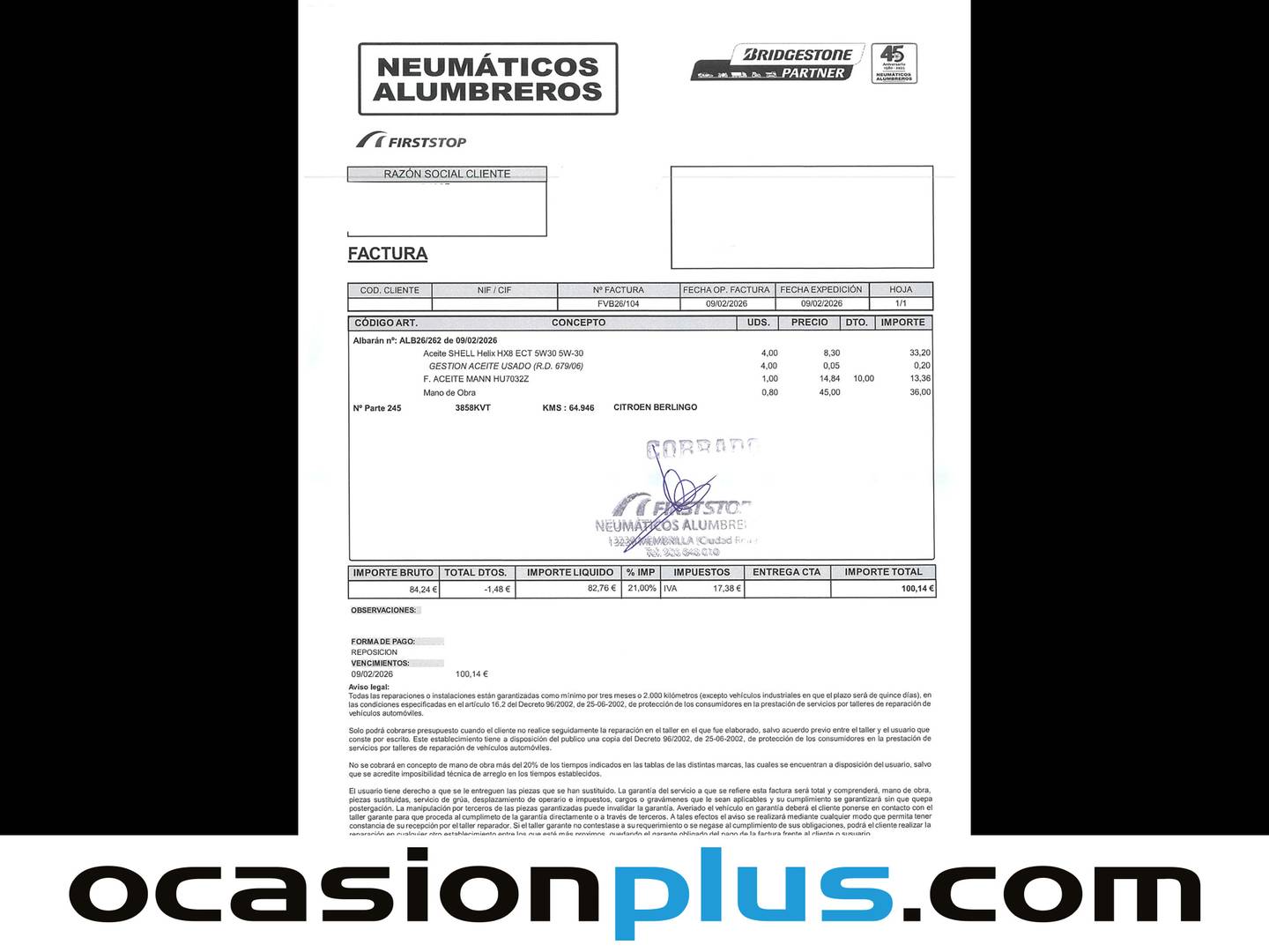 Foto del mantenimiento del Citroën Berlingo Citroën Berlingo Combi BlueHDi 100 Talla M Feel (100 CV)
