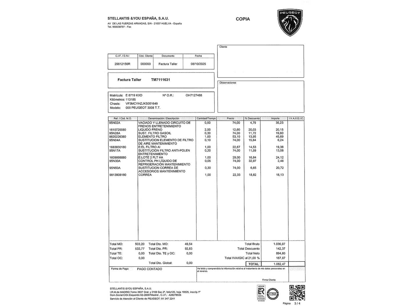 Foto del mantenimiento del Peugeot 3008 Peugeot 3008 BlueHDI 130 S&S GT Line (130 CV)