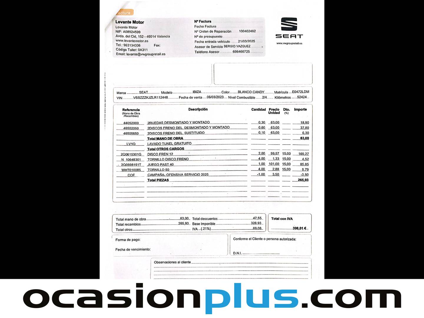 Foto del mantenimiento del Seat Ibiza Seat Ibiza 1.0 MPI Style Plus (80 CV)