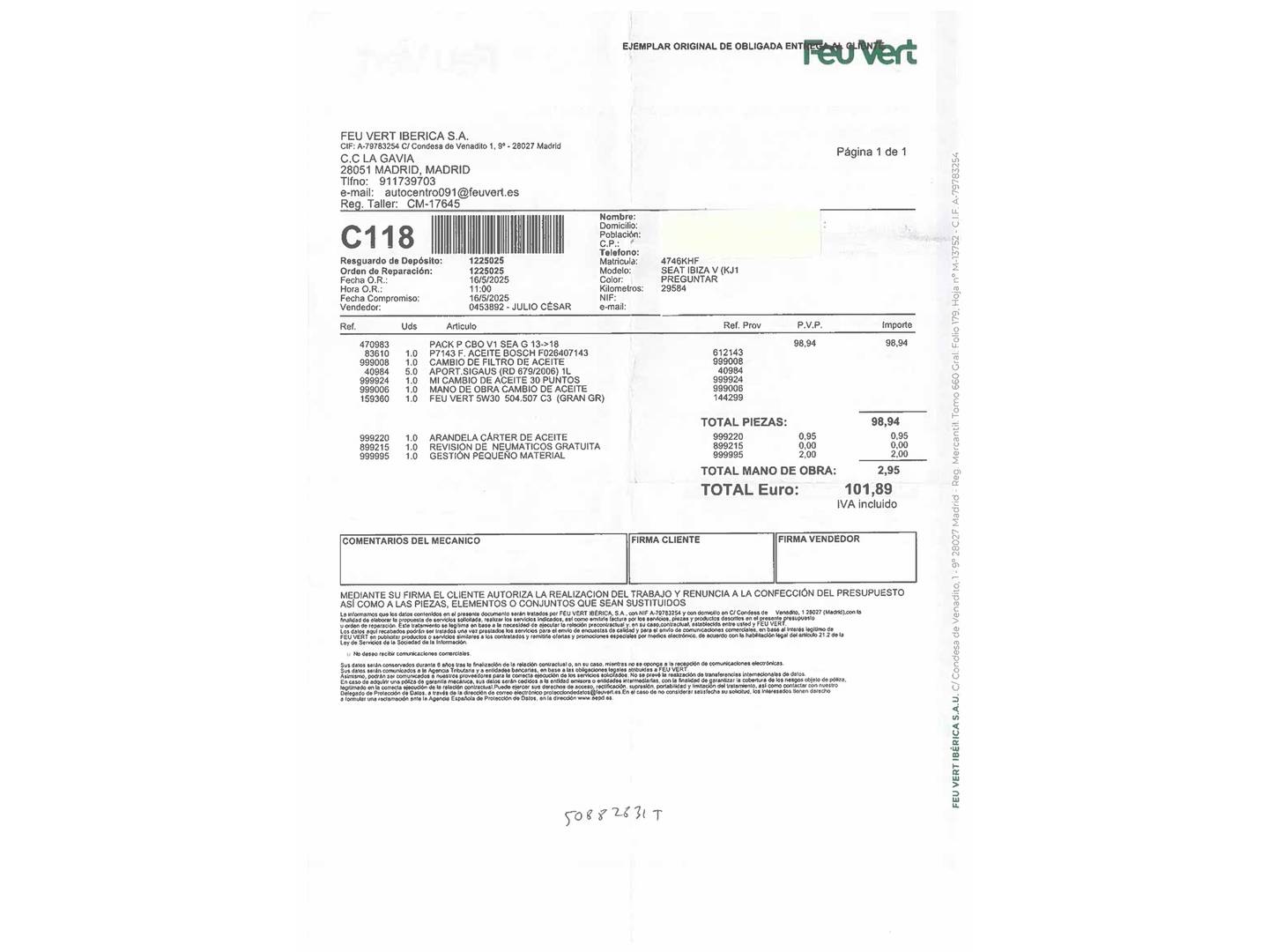 Foto del mantenimiento del Seat Ibiza Seat Ibiza 1.0 EcoTSI Xcellence S&S (95 CV)