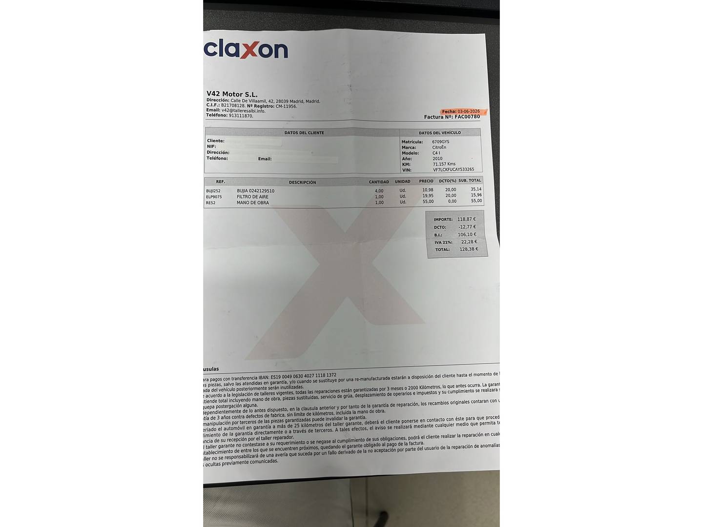 Foto del mantenimiento del Citroën C4 Citroën C4 1.4i 16v LX (88 CV)