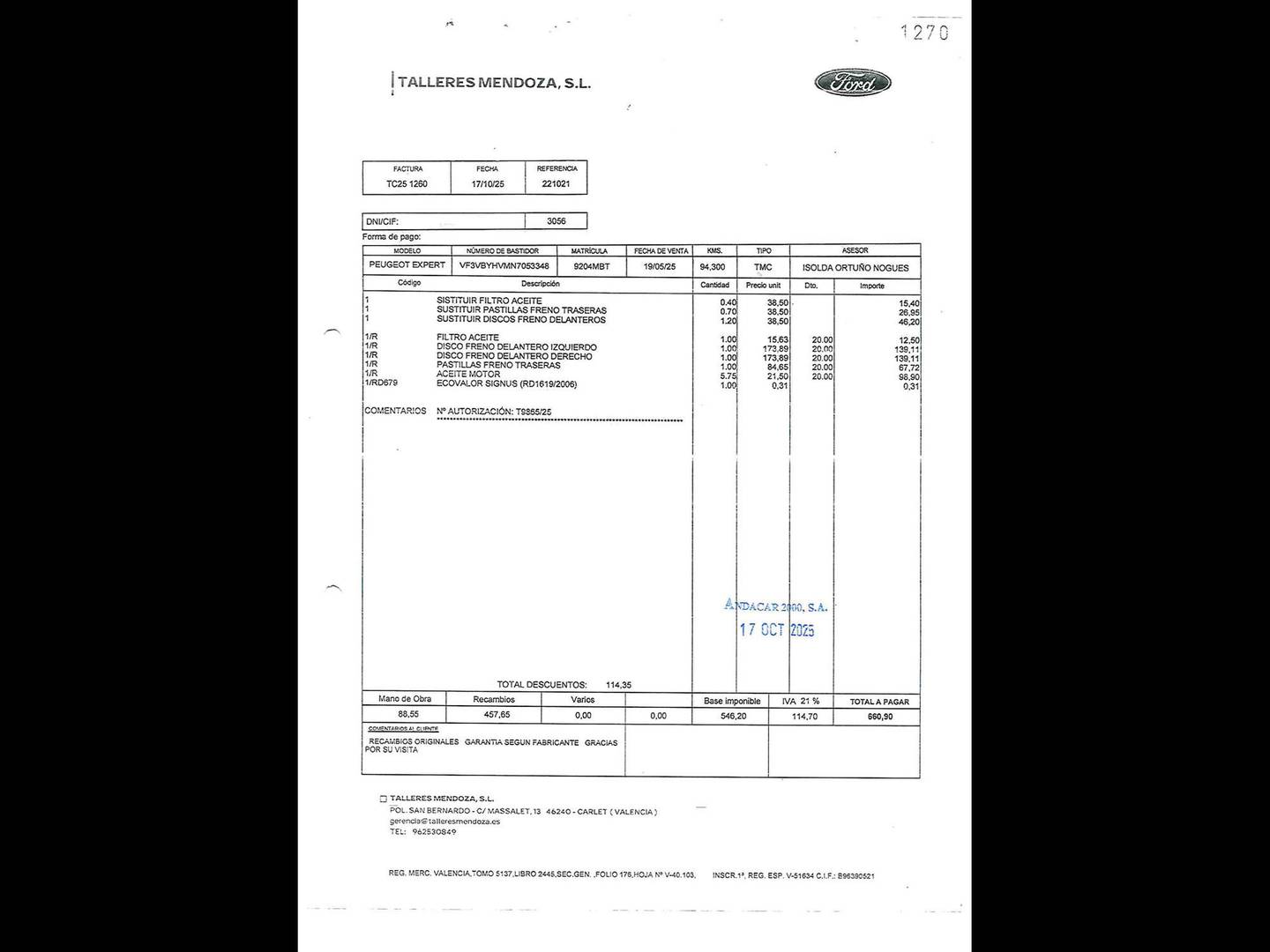 Foto del mantenimiento del Peugeot Expert Peugeot Expert Furgon BlueHDi 120 S&S Pro Standard (122 CV)