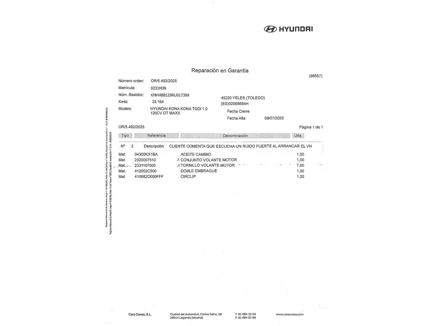 Foto del mantenimiento del Hyundai Kona Hyundai Kona 1.0 TGDi Maxx 4x2 DCT (120 CV)