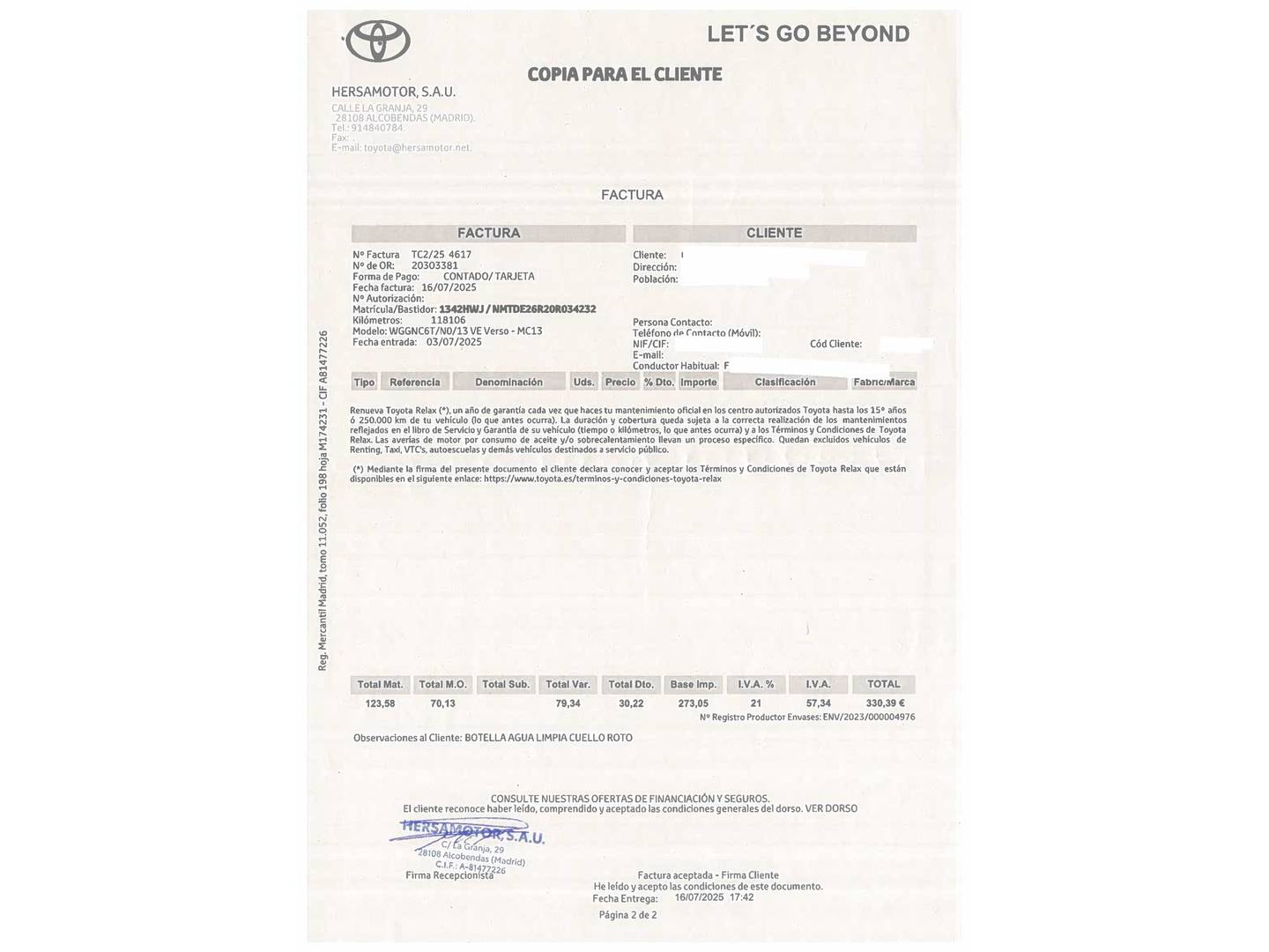 Foto del mantenimiento del Toyota Verso Toyota Verso 130 Advance (132 CV)