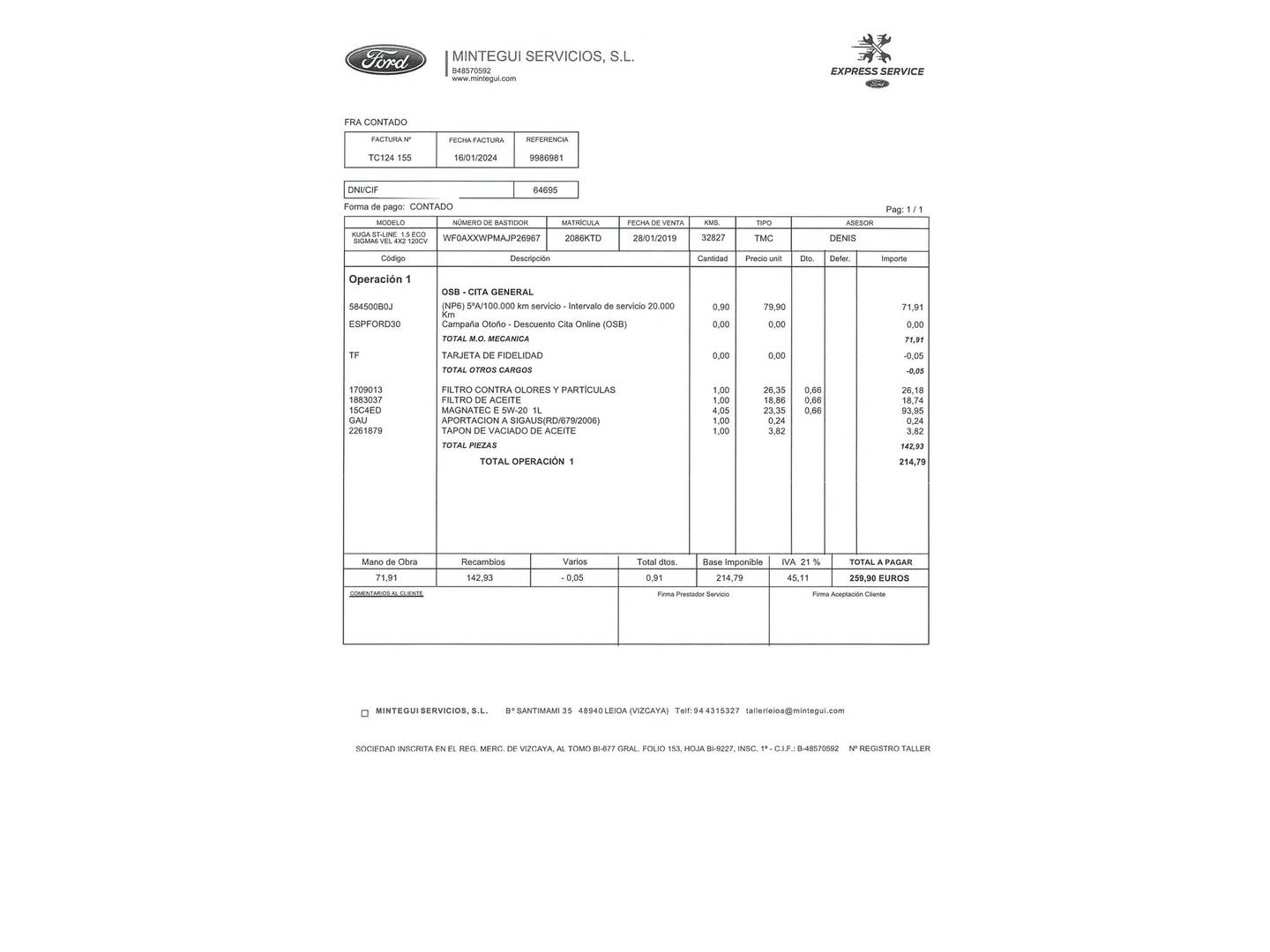 Foto del mantenimiento del Ford Kuga Ford Kuga 1.5 EcoBoost S&S ST-Line 4x2 (120 CV)