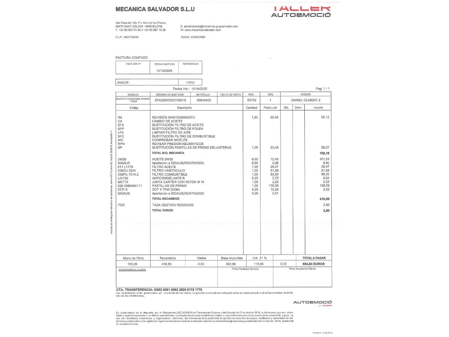 Foto del mantenimiento del Rimor Horus 145 Rimor Horus 145 103kW (140CV) 4 Plazas