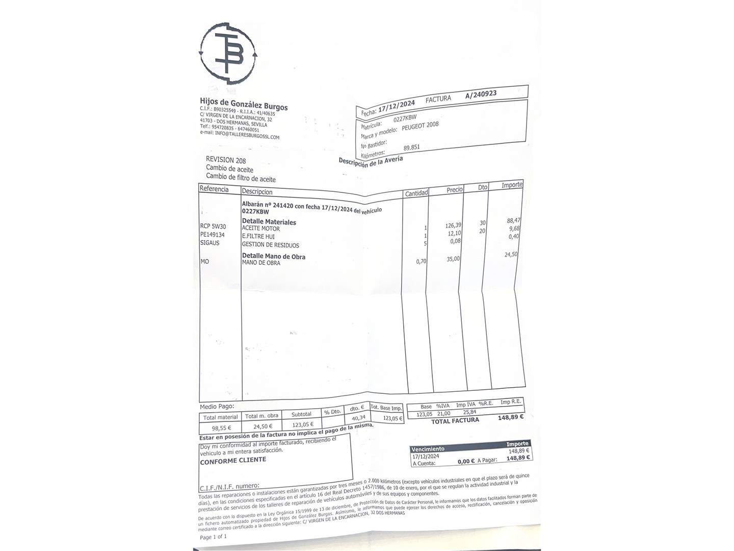 Foto del mantenimiento del Peugeot 2008 Peugeot 2008 PureTech 110 S&S Style (110 CV)