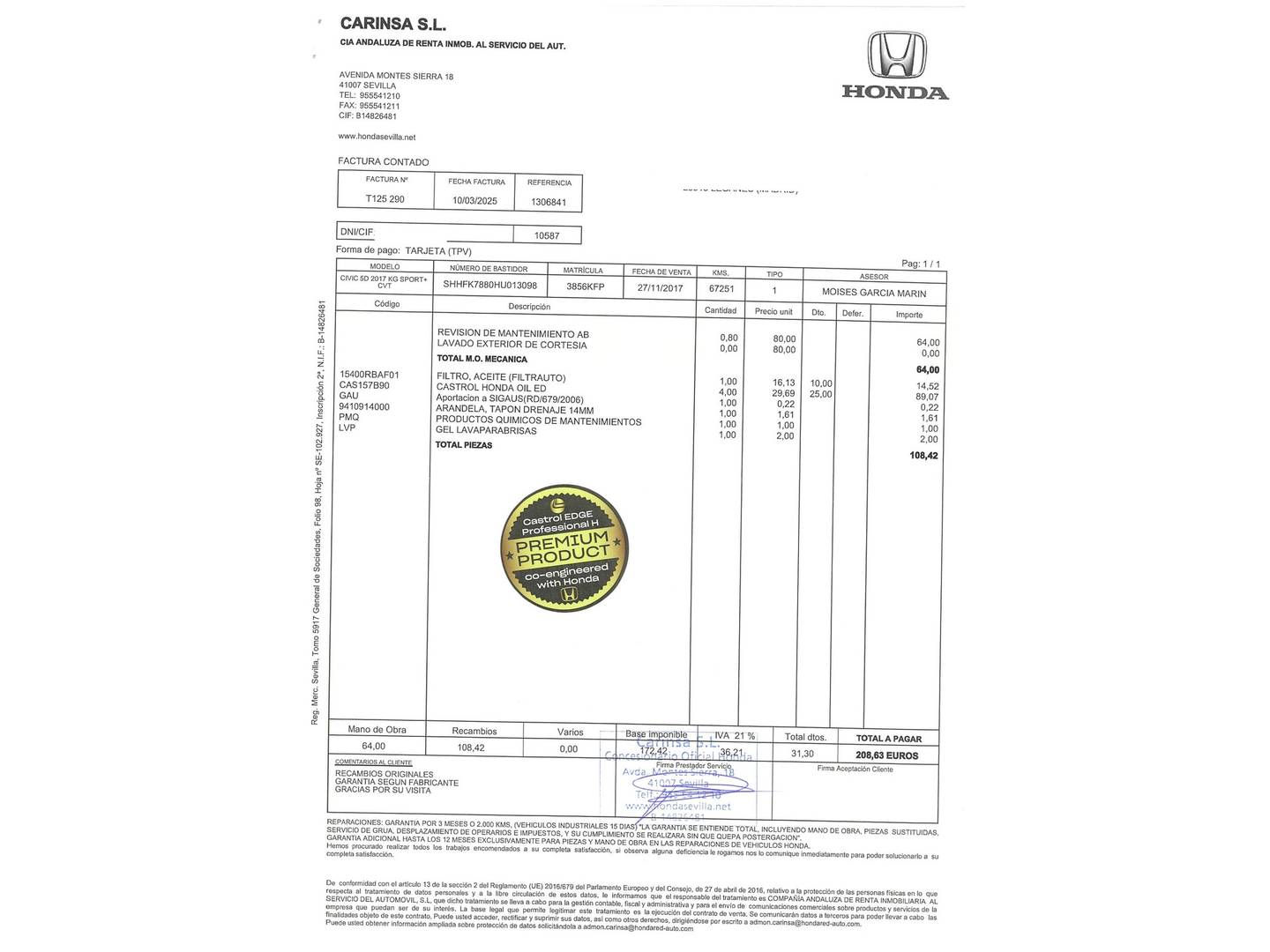 Foto del mantenimiento del Honda Civic Honda Civic 1.5 I-VTEC Turbo Sport Plus CVT (182 CV)