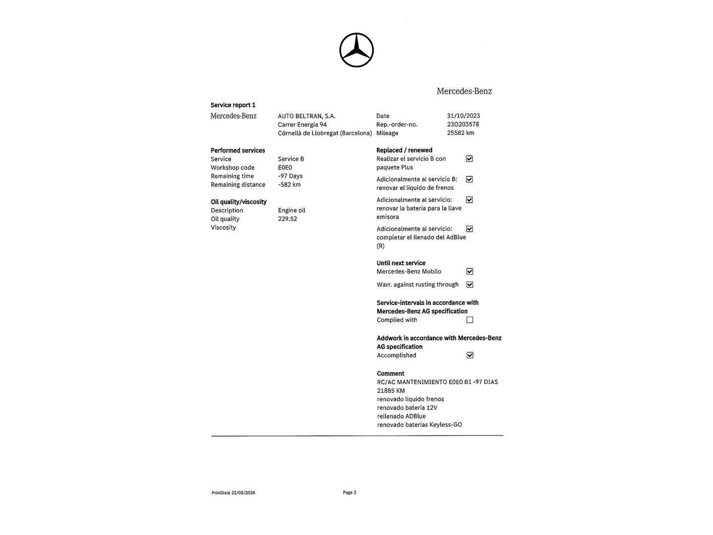 Foto del mantenimiento del Mercedes Clase A Mercedes Clase A 180 d (116 CV) Pack AMG